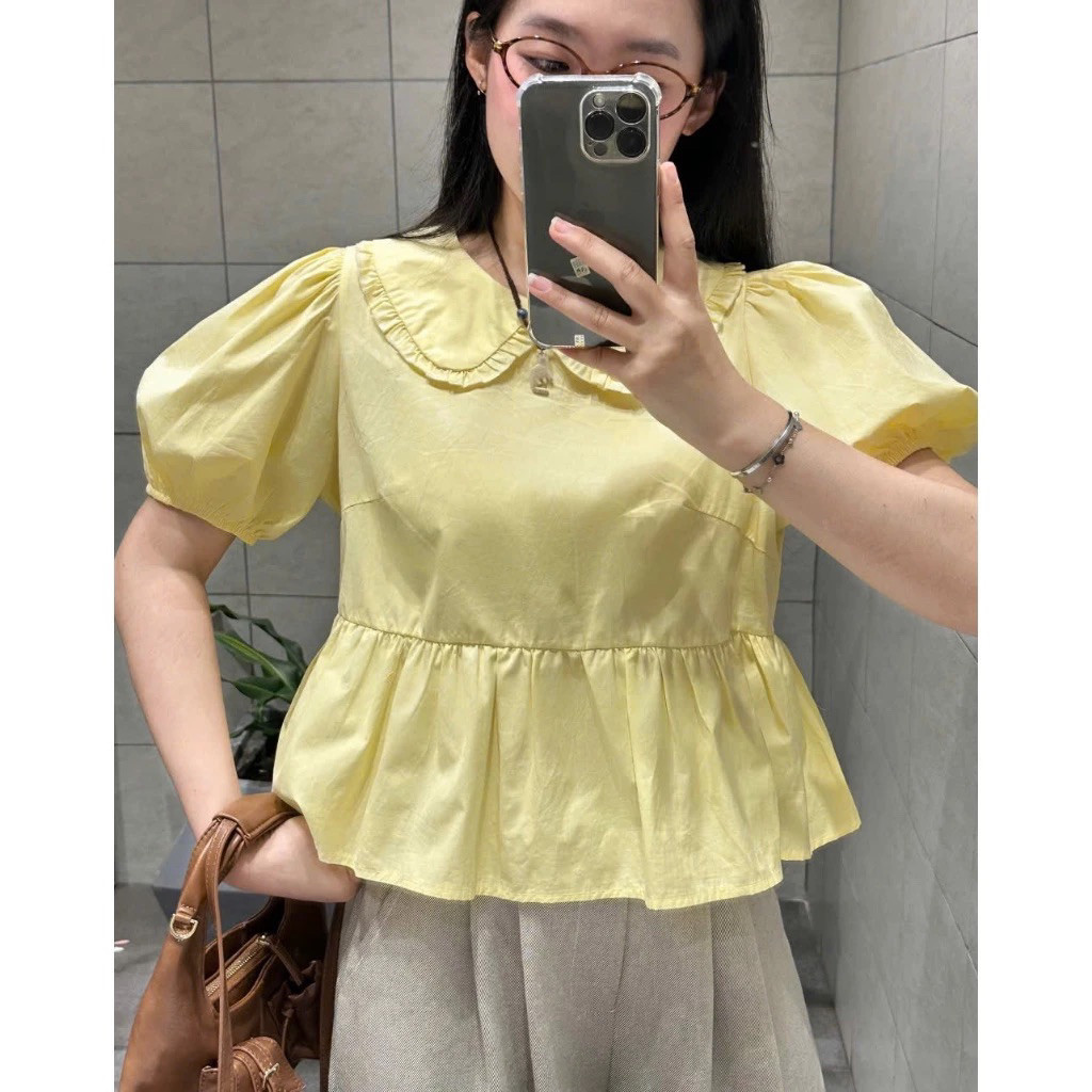 (ẢNH OLDSCHOOL) Áo babydoll lá cổ sen dáng ngắn tay phồng A596 BORA TOP