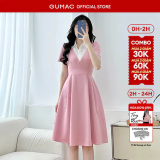 Đầm nữ GUMAC form A kiểu cổ sơ mi đính nút giả tay ngắn tùng váy xếp ly hai bên  LDF0824