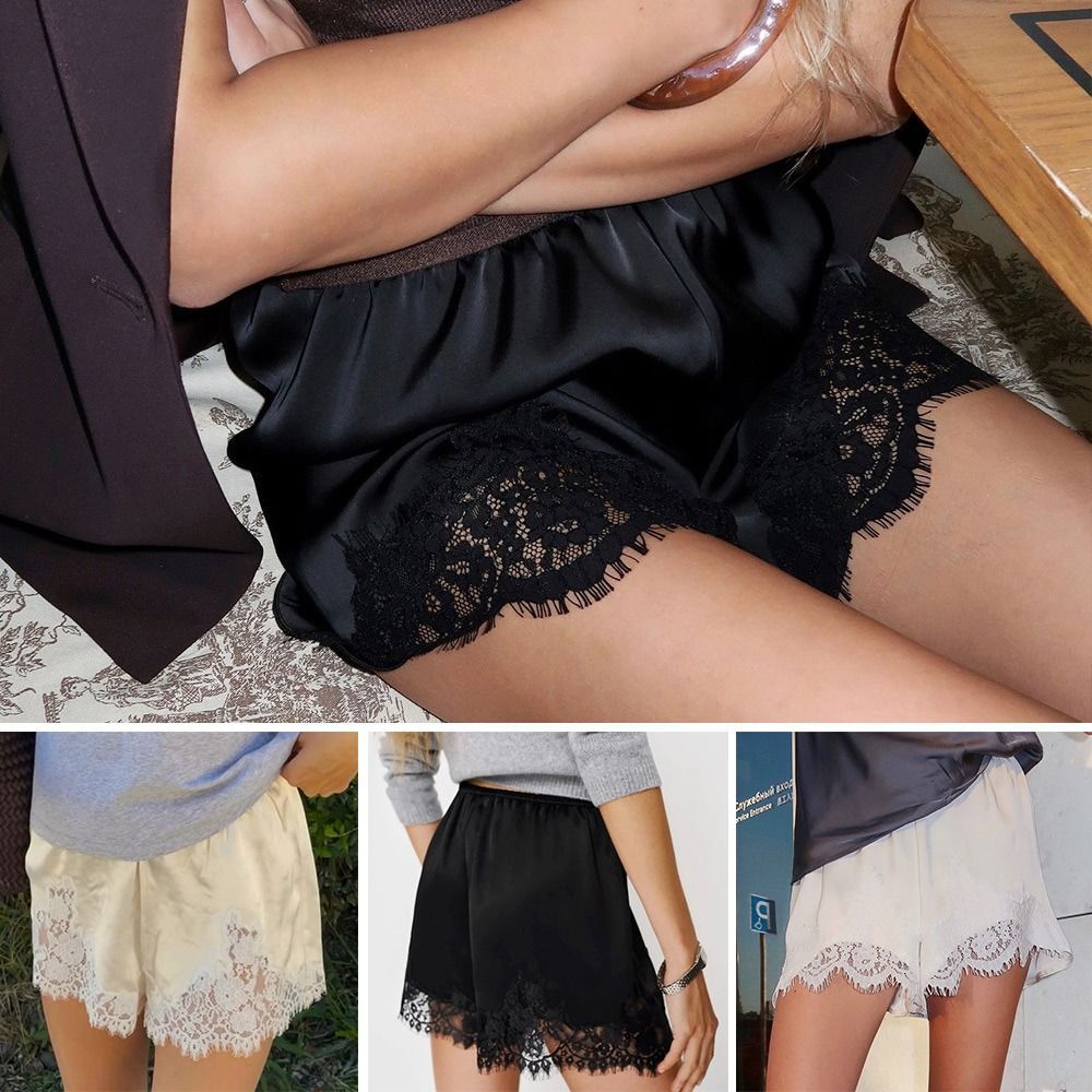 Quần short ngủ FEDAOG, Quần short chắp vá ren lụa, Vintage mềm Y2k Satin Silk Quần short nữ Bộ đồ ngủ