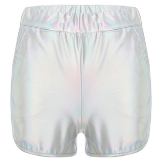 Yhong Nam Kim Loại Sáng Bóng Booty Quần Short Co Giãn Eo Bên Túi Slim Fit Quần Short Nóng Cho Thể Hình Hộp Đêm Yoga