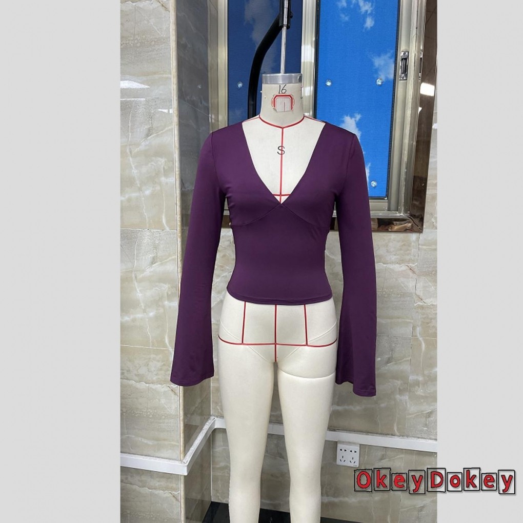 OKDK-Áo thun dài tay cổ chữ V cổ điển màu trơn dành cho nữ
