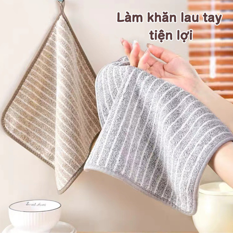 Khăn Lau Bếp Thấm Hút Nhanh Combo 5 Cái, Khăn Lau Tay Lau Chén Bát Đa Năng, Khăn Nhà Bếp Có Móc Treo