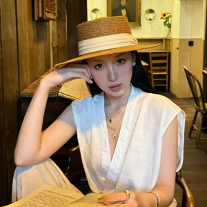 VN Classic < Old Money} Mũ rơm viền phẳng phong cách dành cho nữ, Mũ chống nắng đi biển mùa hè, Mũ chống nắng Fidora.