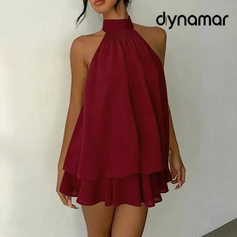 【dynamar】Đầm ngắn cổ yếm không tay phồng hở lưng gợi cảm thiết kế thắt nơ ôm sát