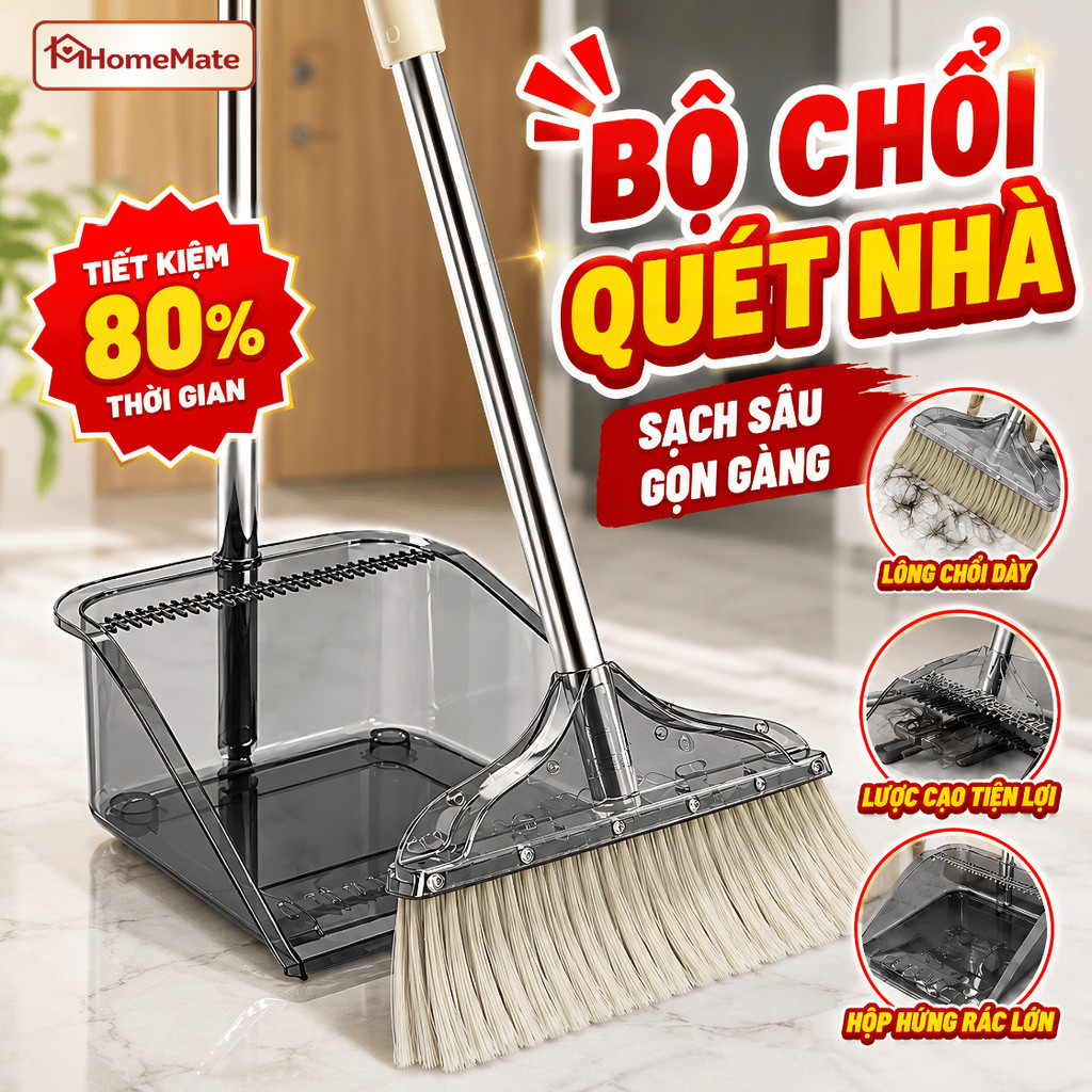 Bộ Chổi Quét Nhà Kèm Hót Rác 2 Trong 1 HomeMate – Chổi Quét Đa Năng Cán Dài, Chất Liệu ABS Bền Đẹp