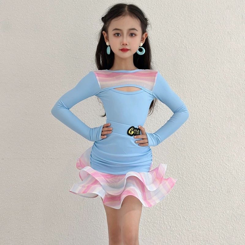 ✿ Trang phục khiêu vũ Latin tiêu chuẩn dành cho cuộc thi Trẻ em bé gái dài tay lưới Ruffle viền váy