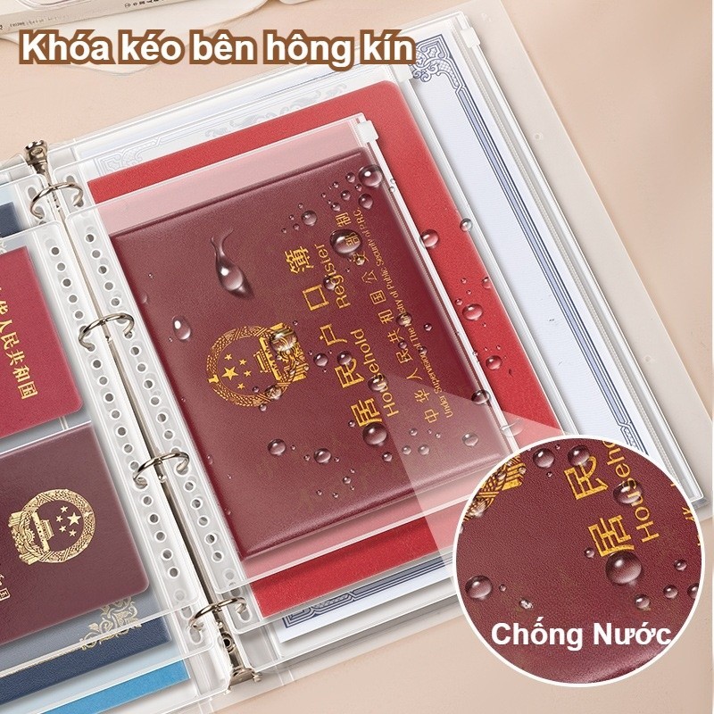 Sổ Còng Da PU Cao Cấp Chống Nước Bụi Khóa Kéo+Nam Châm Vòng KL Lớn Nhiều Ngăn PVC Đựng Hồ Sơ A4