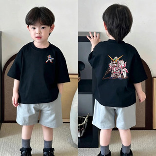 (Từ 2-12 tuổi) Áo thun ngắn tay 100% cotton cho bé trai, họa tiết hoạt hình (Kỳ lân, Gundam), cổ tròn.