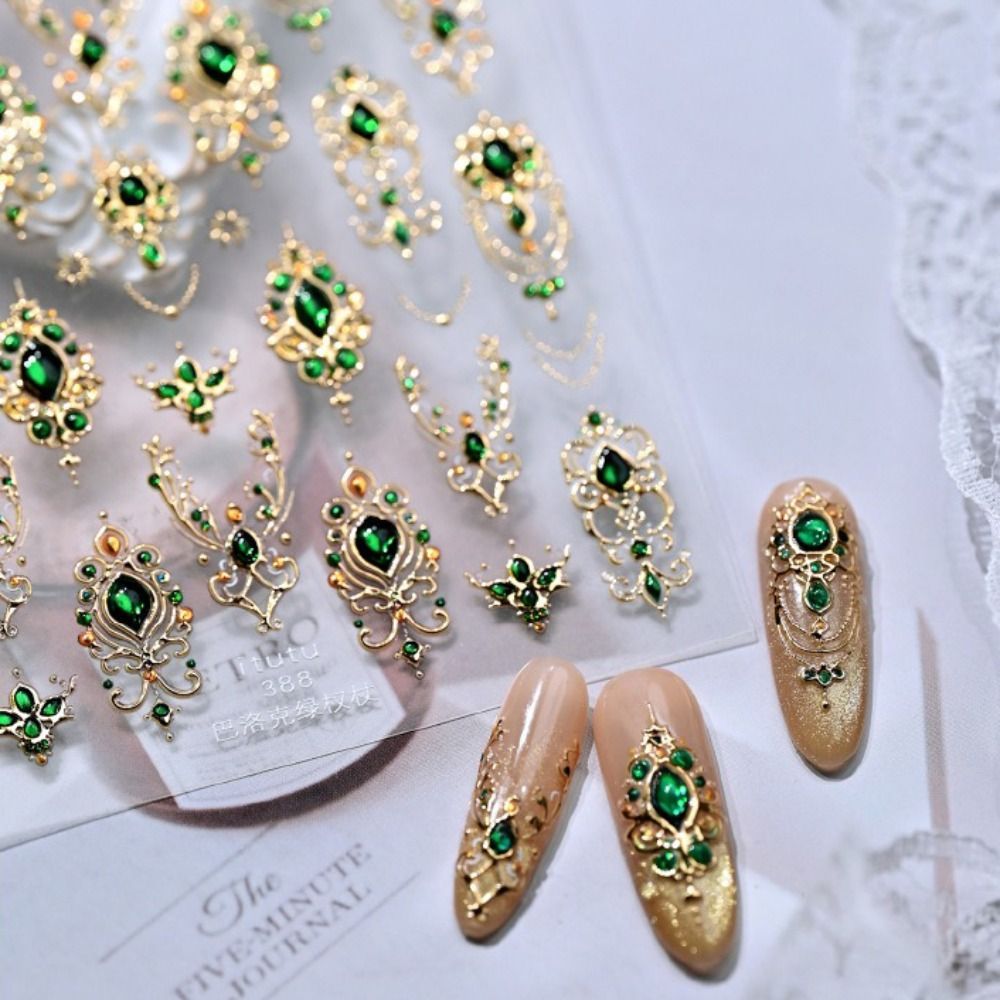 FLAZEA 5D Dán Móng Tay, Thiết Kế Sang Trọng Sáng Bóng Baroque Scepter Móng Tay, Vương Miện Vòng Cổ Ngọc Lục Bảo Màu Ruby Vàng Scepter Đỏ Xanh Đá Quý Giả Đá Quý Móng Tay Xmas Móng Tay