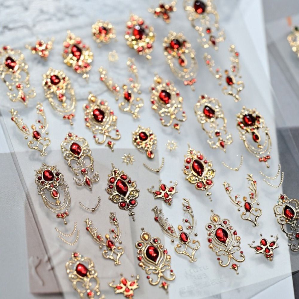 FLAZEA 5D Dán Móng Tay, Thiết Kế Sang Trọng Sáng Bóng Baroque Scepter Móng Tay, Vương Miện Vòng Cổ Ngọc Lục Bảo Màu Ruby Vàng Scepter Đỏ Xanh Đá Quý Giả Đá Quý Móng Tay Xmas Móng Tay