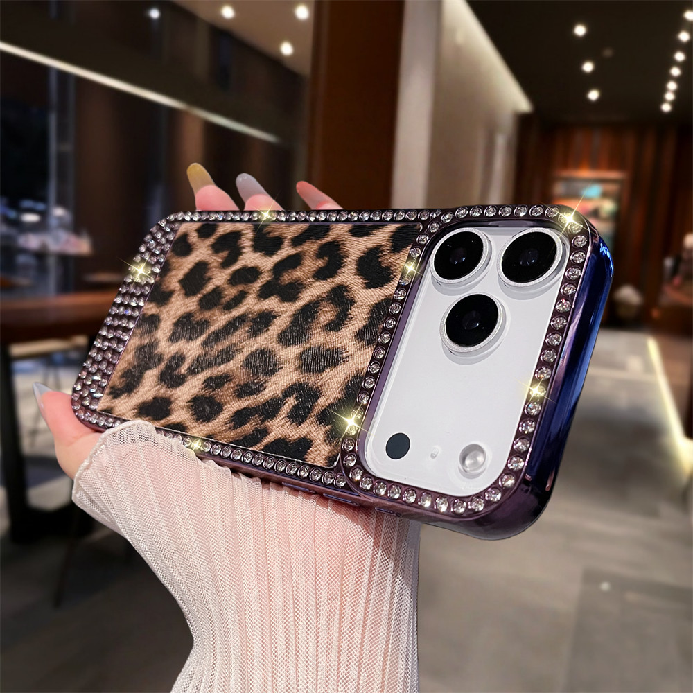 Ốp điện thoại họa tiết da báo Flash Diamond cho iPhone 17 Pro Max 13 14 15 16 Pro Max Bảo vệ ống kính chống rơi Vỏ mềm bảo vệ điện thoại
