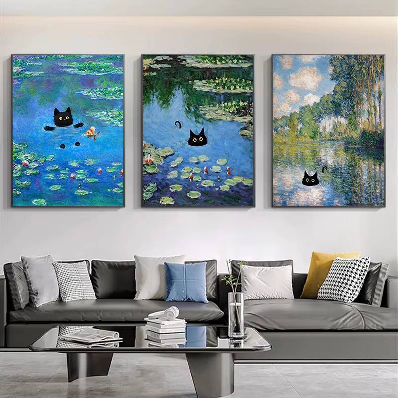 Claude Monet Tác Phẩm Nghệ Thuật Thú Vị Mèo Đen Dễ Thương Lotus Pond Poster Canvas Tranh Treo Tường Nghệ Thuật Hình Ảnh Cho Phòng Khách Trang Trí Nhà Không Khung