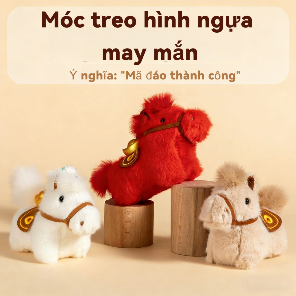 Móc khóa ngựa bông mang thỏi vàng 2026 Năm Ngọ – Mã đáo thành công, treo balo/túi/xe hơi, quà Tết dễ thương