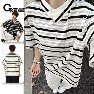Áo thun nam GKSSS tay ngắn thương hiệu thời trang Mỹ cổ không đều sọc unisex