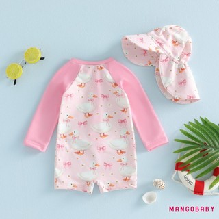 MG-Toddler Baby Girls Rash Guard Đồ bơi có mũ 2 chiếc Bộ nơ hoa ngỗng in hình nửa khóa kéo lên Đồ bơi dài tay