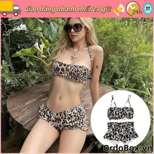 Đồ bơi nữ ORDOBOX, Bikini đi biển phong cách đeo cổ điển, Bộ 2 mảnh in họa tiết da báo thời trang Bộ bikini đệm đi biển