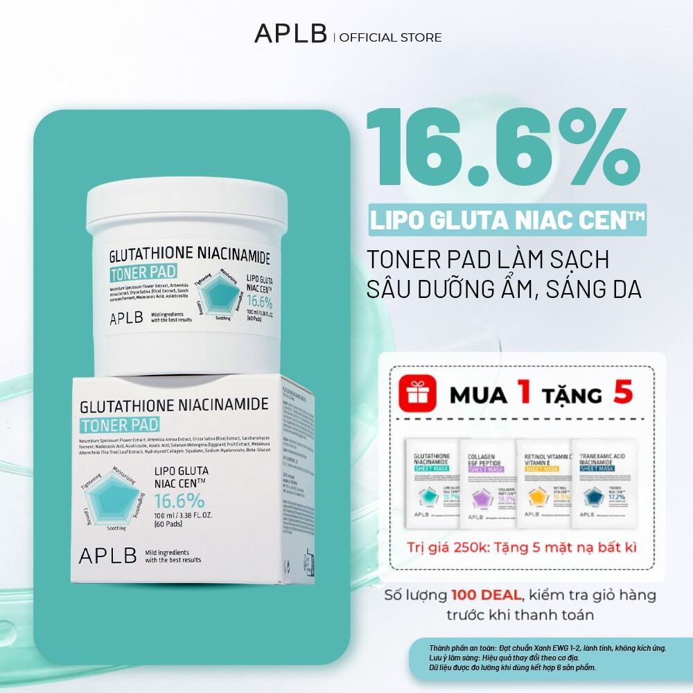 Toner Pad dưỡng trắng da cao cấp 60 miếng APLB Glutathione Niacinamide  Toner Pad thu nhỏ lỗ chân lông