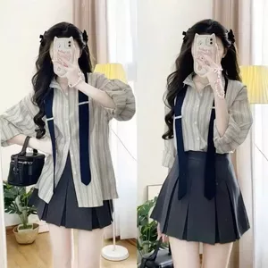 Áo Sơ Mi Nữ Dài Tay Kẻ Sọc Kèm Cà Vạt Chất Vải Kẻ QC Mềm Mát Cho Các Nàng Đi Học Đi Chơi Cực Xinh