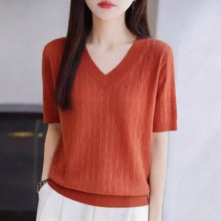 Dệt Kim Tay Ngắn Nữ Ice Silk Mùa Hè Áo Thun Cổ Chữ V Phong Cách Mới Rỗng Mỏng Top