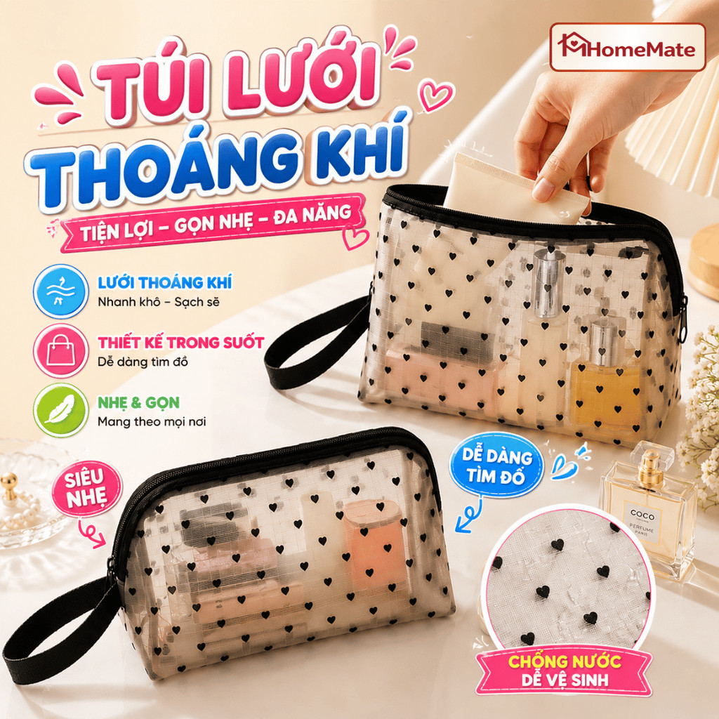 Túi Đựng Mỹ Phẩm Du Lịch Trong Suốt HomeMate, Túi Lưới Chống Nước Đựng Skincare Họa Tiết Chấm Bi