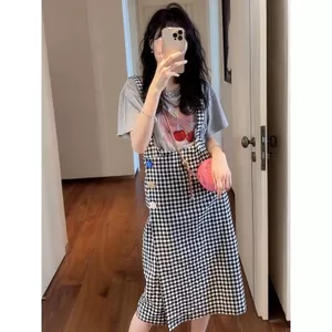 Kích thước lớn Phong cách Hàn Quốc mùa hè Phong cách giản dị Tất cả các nút Thiết kế váy dây sọc kẻ sọc