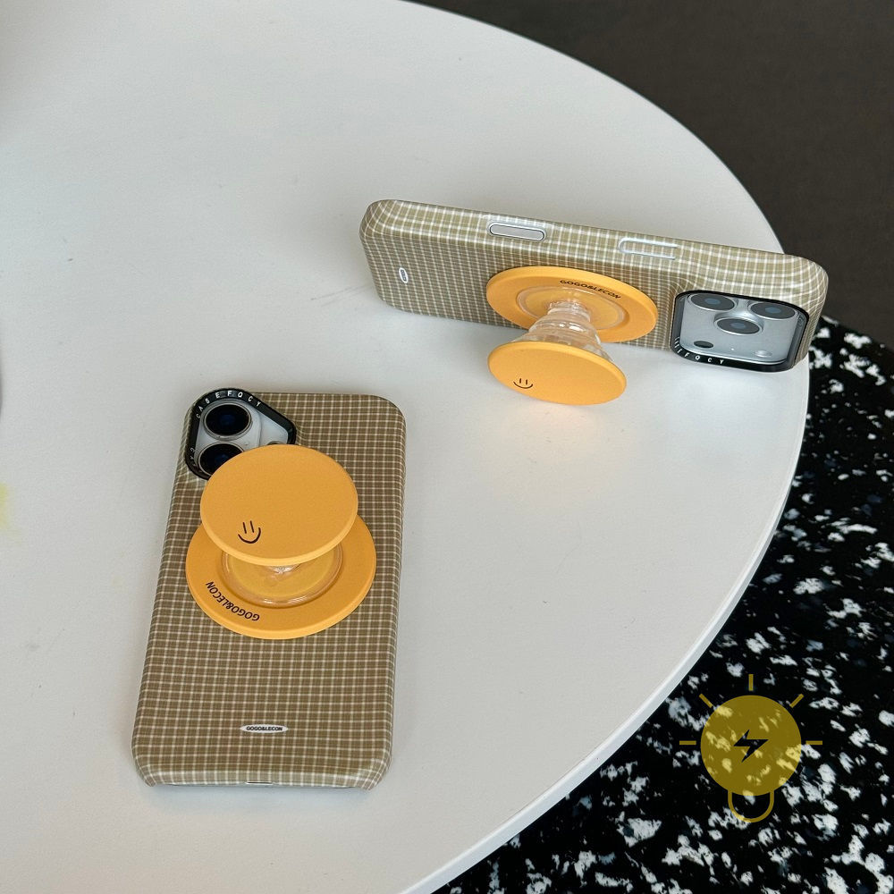 Phone Case For iPhone 17 Pro Max 16 15 14 13 with Griptok TPU Magnetic yellow with Griptok Smile Grid Aesthetic Korean Cute
