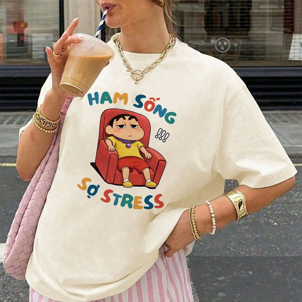 （Giao hàng 24h）Angela Áo Thun In Chữ Hài Hước Ham Sống Sợ Stress Câu Nói Văn Phòng Công Sở Form Rộng Cototn 230gsm