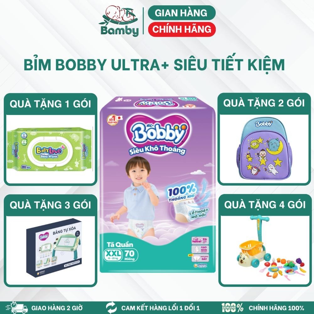 [BỊCH ĐẠI SIÊU TIẾT KIỆM] Tã Bobby Ultra+ Soft cho bé từ 6-16kg, size M96/L88/XL76/XXL70-Bamby.....