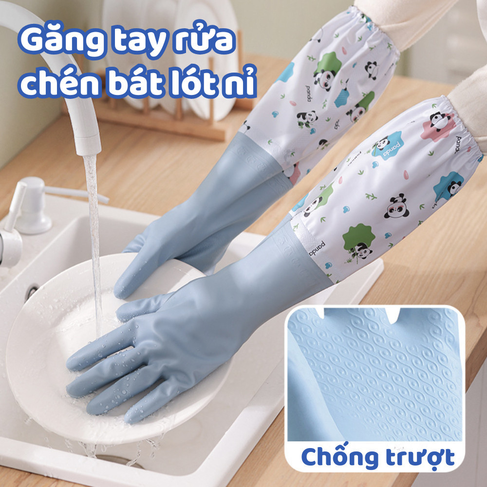 Găng Tay Rửa Chén Bát Lót Nỉ Chống Trượt Chống Thấm, Găng Tay Rửa Bát Nhà Bếp Dài Bảo Vệ Da Tay DINO