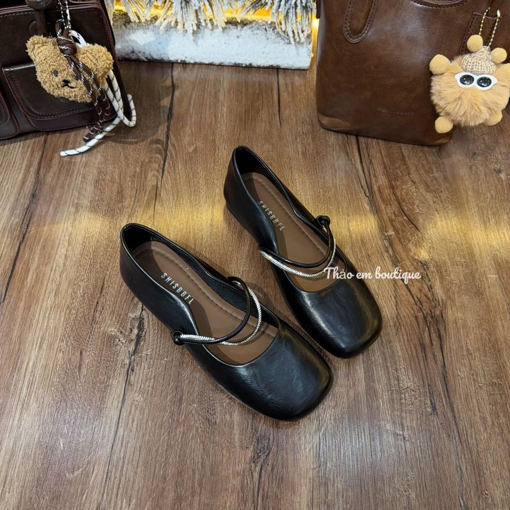 [Thảo Em - BB535] Giày búp bê marry jane mũi vuông  đế bệt da lì mềm 2 quai đính đá sang chảnh