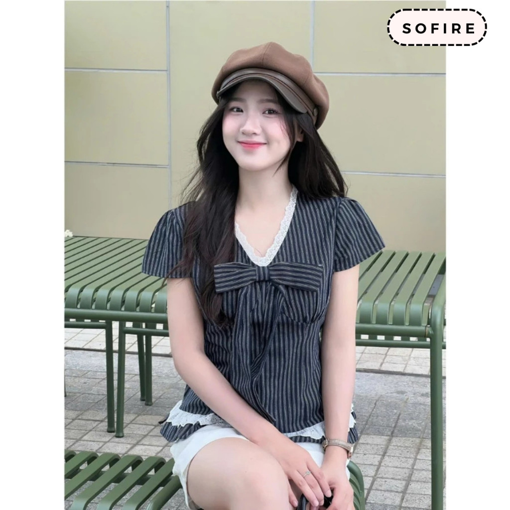 Áo Sơ Mi Kẻ Sọc Cổ Tim Kèm Nơ To Phối Ren Xinh Xắn Sofire, Áo Kiểu Nữ Viền Bèo Gấu Dễ Thương Thời Trang Mùa Hè -NT1