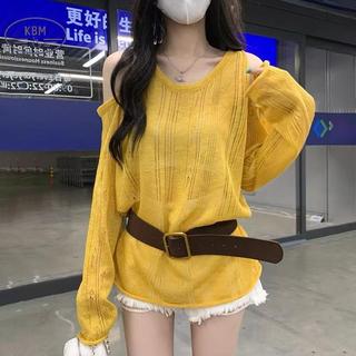 Áo thun dài tay thời trang rời vai, dệt kim, cổ tròn, có thắt lưng