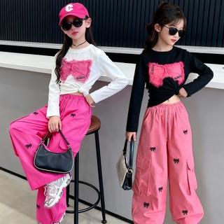 Set đồ Bé GáI HàN QuốC MớI: ÁO+QuầN DàI, Nơ CáCh đIệU, VảI ThoáNg Khí Set đồ Cho Bé GáI