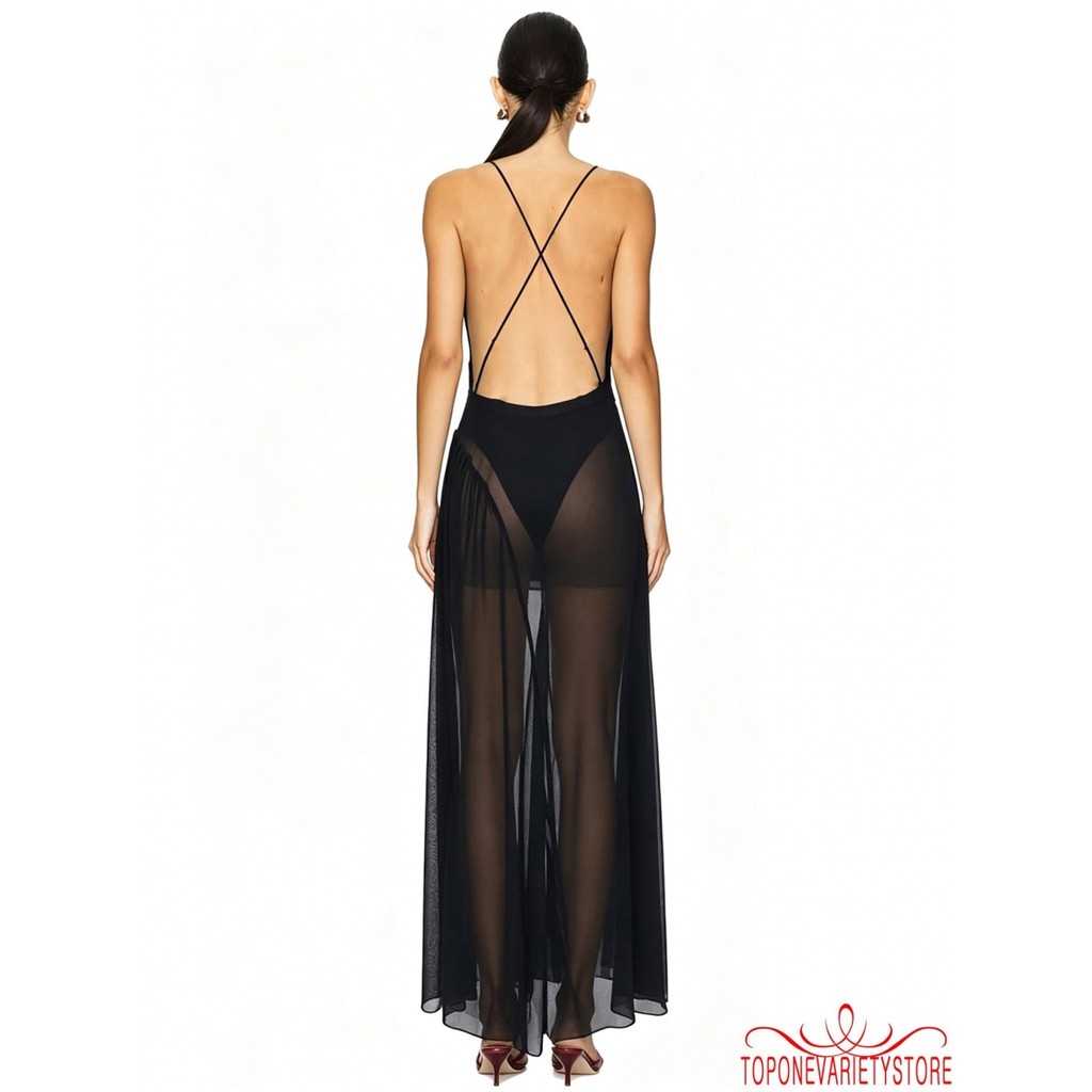 Topone-Nữ Lưới Quần Lót Đầm Dễ Thương Không Tay Sâu Cổ Chữ V Màu Trơn Bodydoll Sheer Dress
