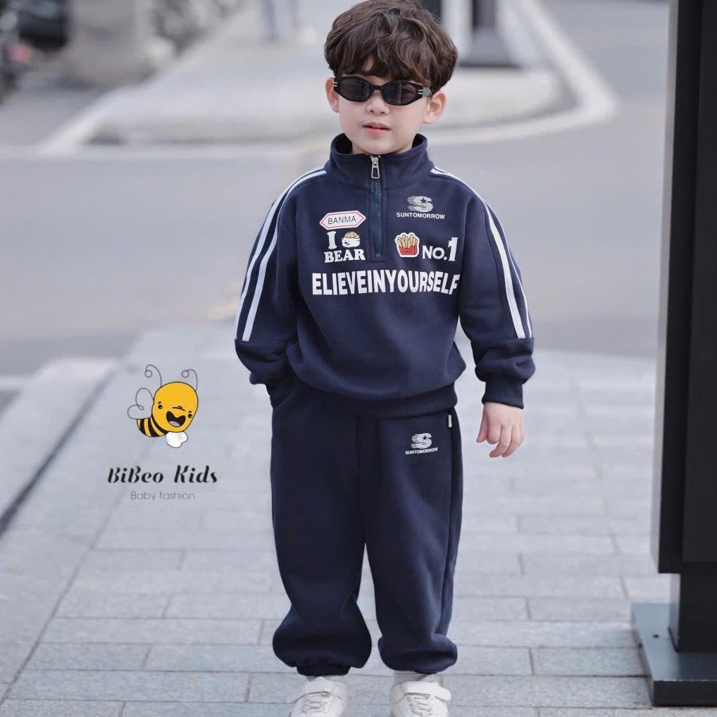 [BiBeo Kids] Bộ quần áo NỈ CỔ ĐỨNG KÉO KHÓA NO.1 cho bé trai , Bộ quần áo NỈ 2 DA mềm thoải mái cho bé