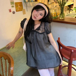 Récit Flou áo baby doll 2 lớp vải tơ phối ren tay phồng mềm mại nữ tính dễ thương - NOIRE TOP