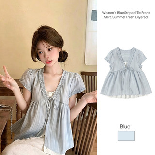 Áo sơ mi nữ mùa hè tươi mát kẻ sọc xanh dương thắt nơ phía trước, kiểu dáng xếp lớp, tay ngắn, viền bèo nhún.