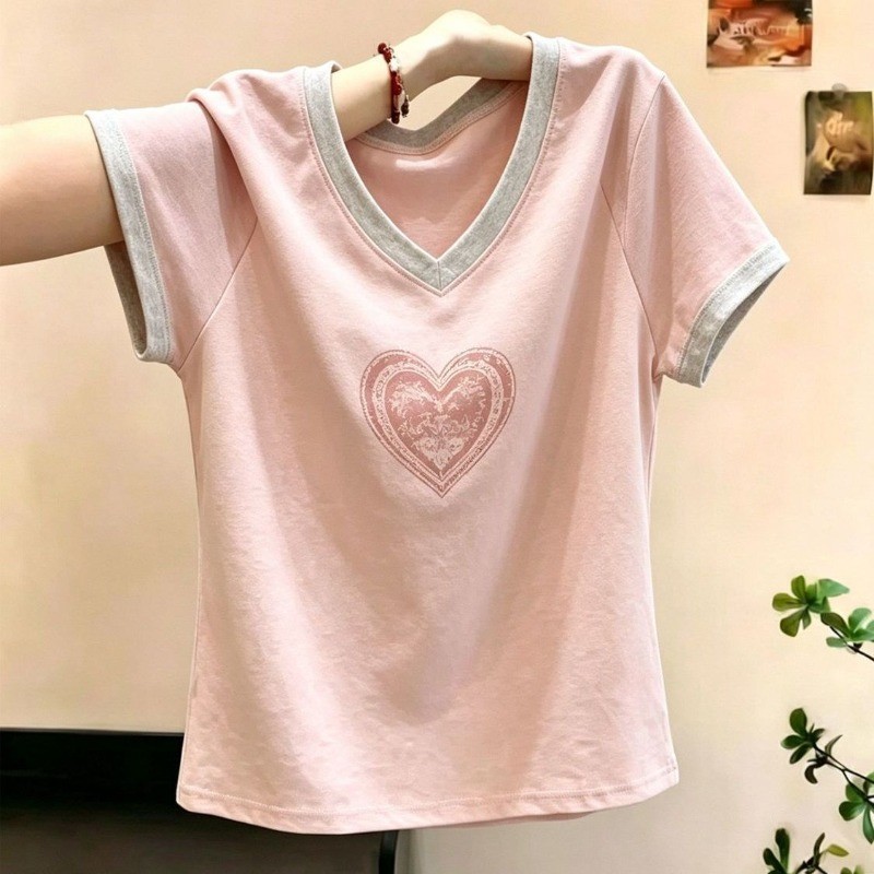 Cotton plus size Hàn Quốc Cổ Chữ V In Hình Tình Yêu Mùa Hè Mới Rời Tay Ngắn Dành Cho Nữ