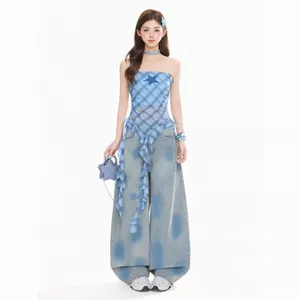 Mỹ Xanh Thêu Kẻ Sọc Ống Không Đều Áo Vest Nữ Hot Girl Buổi Hòa Nhạc Mặc Slim-fit Ôm Hơn Nhìn Top Hợp Thời Trang 5.19