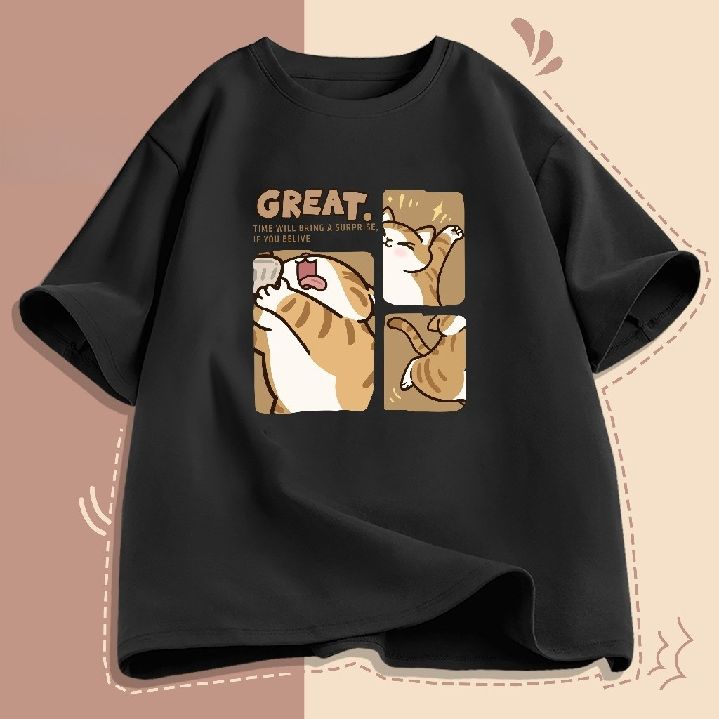 （Giao hàng 24h）Angela Áo thun Boxy form rộng Nam Nữ Unisex Họa tiết mèo hoạt hình dễ thương áo thun xịn 100% cotton