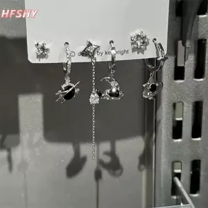 HFSHY 6 CÁI BỘ Goth Punk Vintage Thẩm Mỹ Pha Lê Trái Tim Mặt Trăng Chữ Thập Ngôi Sao Mặt Dây Chuyền Bông Tai Dành Cho Nam Nữ Grunge Y2K Phụ Kiện Trang Sức VN
