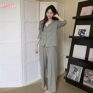 HFSHY Retro Full-print Bộ Đồ Ngủ Hoa Ngọt Ngào Nữ Mùa Hè Cardigan Dài Tay Quần Rời Nhà Quần Áo Phù Hợp Với VN