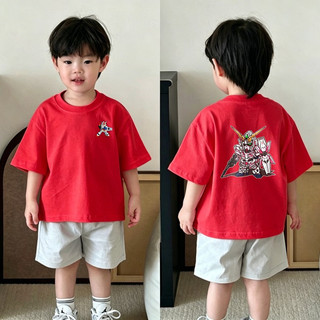 (Từ 2-12 tuổi) Áo thun ngắn tay 100% cotton cho bé trai, họa tiết hoạt hình (Kỳ lân, Gundam), cổ tròn.