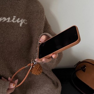 Dễ Thương Màu Nâu Sang Trọng Thêu Nụ Cười Ngôi Sao Nhỏ Flannel Vải Bóng Wrsit Dây Da Vỏ Điện Thoại Cho iPhone 17Promax 13 14 15 16 Pro Max Sweet Girly Vỏ Di Động