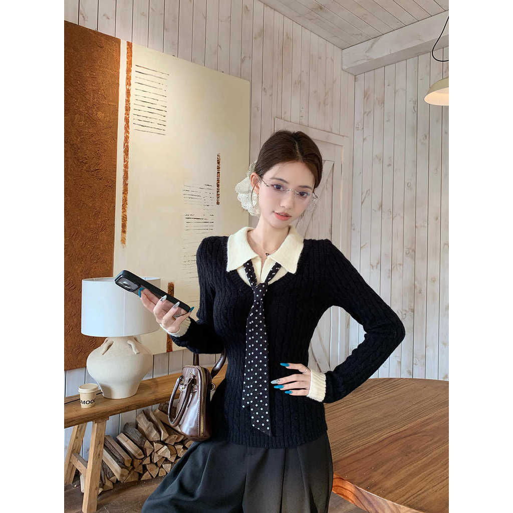 Thiết kế áo len hai mảnh dệt kim nữ, màu cà phê retro, tay dài, phù hợp mùa đông