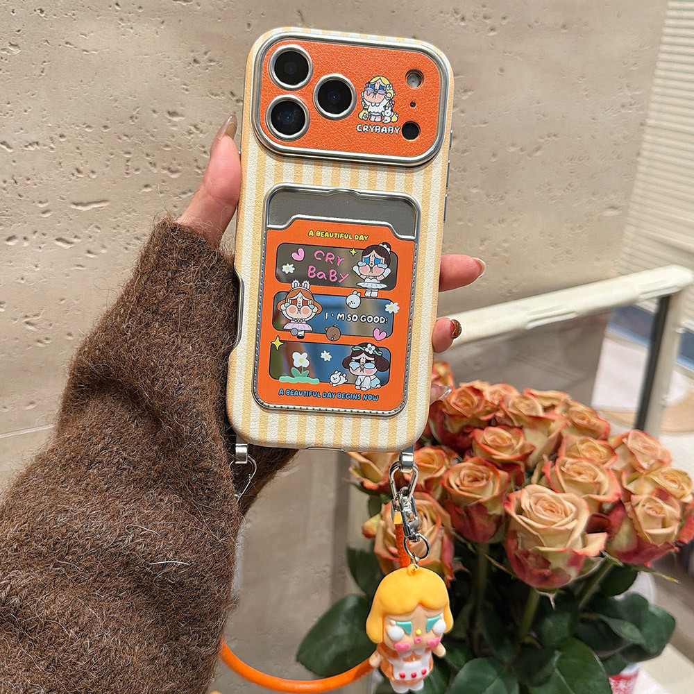 Cam Cô Gái Khóc Dây Túi Đựng Thẻ Mạ Da Điện Thoại Cho iPhone 17 Pro Max 16 15 14 13 Vỏ Bảo Vệ Chống Sốc