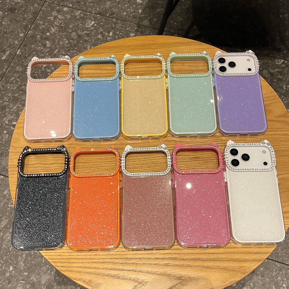 Ốp điện thoại Acrylic tai mèo kim cương lấp lánh 2 trong 1 cho iPhone 17 Pro Max 17 Air 16 Plus 15 14 13 12 11 Vỏ bảo vệ chống sốc