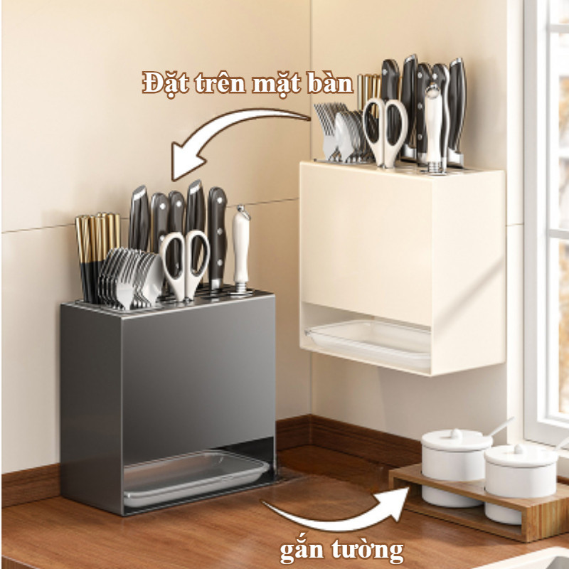 Giá Đựng Dao Đũa Đa Năng - Thiết Kế Có Khay, Linh Hoạt Treo Tường/Để Bàn, Chất Liệu Hợp Kim Thép Bền Bỉ