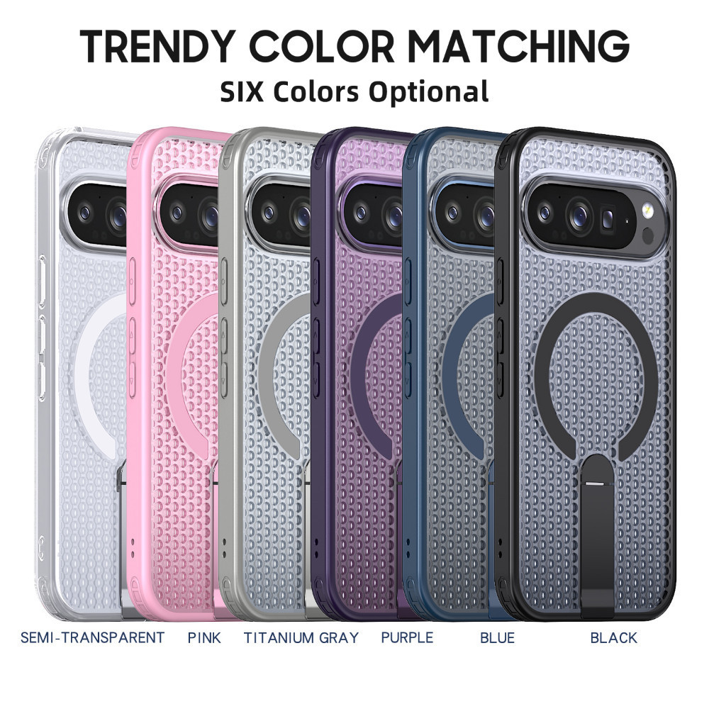 Ốp điện thoại có giá đỡ thẳng đứng bằng kim loại cho Google PIXEL 10 9 PRO XL 9A Vỏ kết cấu tản nhiệt 3D từ tính