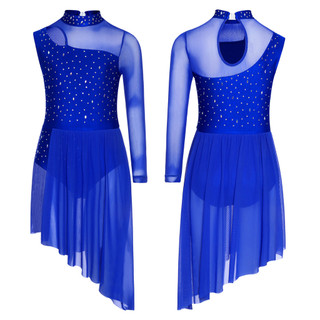 Yhong Trẻ Em Bé Gái Bất Đối Xứng Lời Khiêu Vũ Trang Phục Mock Cổ Cutout Sheer Lưới Chắp Vá Sáng Bóng Kim Cương Giả Bên Chia Đầm Khiêu Vũ